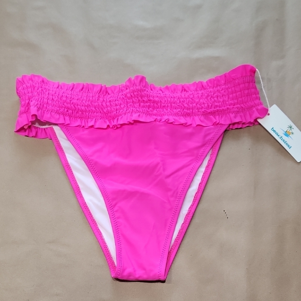 Beachsissi Size XL Smocked Stringy Selvedge Bikini Bottoms Hot Pink, NEW